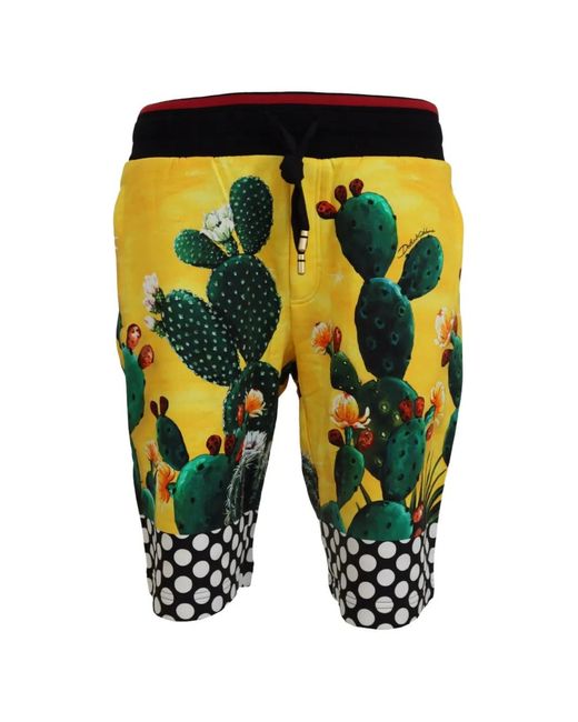 Dolce & Gabbana Yellow Cactus-Print Polka-Dot Shorts for men