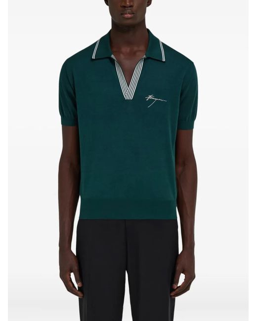 Ferragamo Green Striped-Collar T-Shirt for men