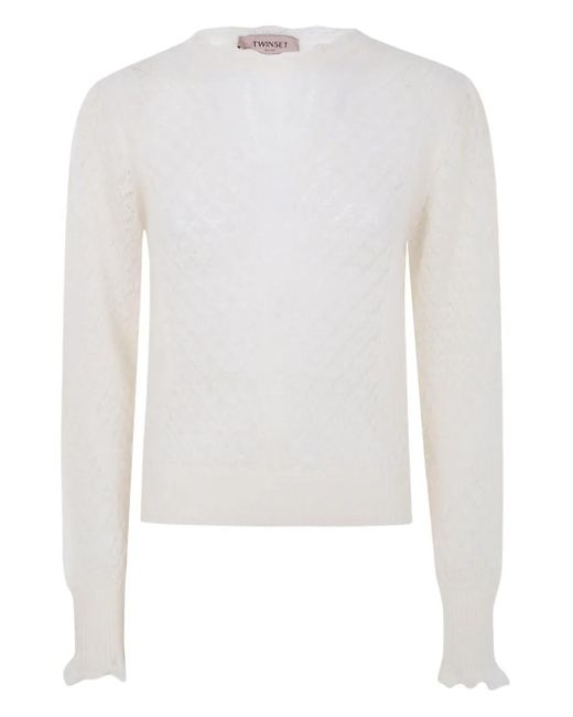 Twinset White Ruffled-Cuff Open-Knit Sweater