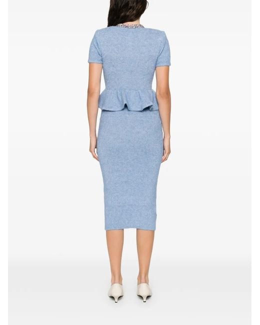 Self-Portrait Blue Draped Rhinestone Mesh Midi Dress