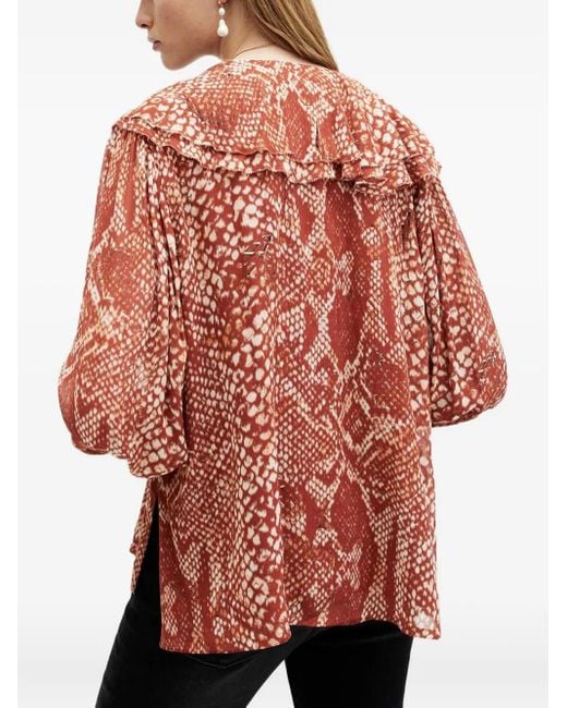 AllSaints Red Phoebe Ruffle-Detail Snake-Print Top
