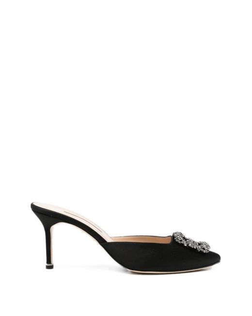 Manolo Blahnik Black Hangisi Crystal-Buckle Mules