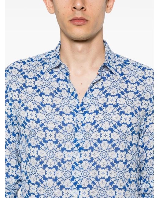 Peninsula Blue Floral-Print Linen Shirt for men