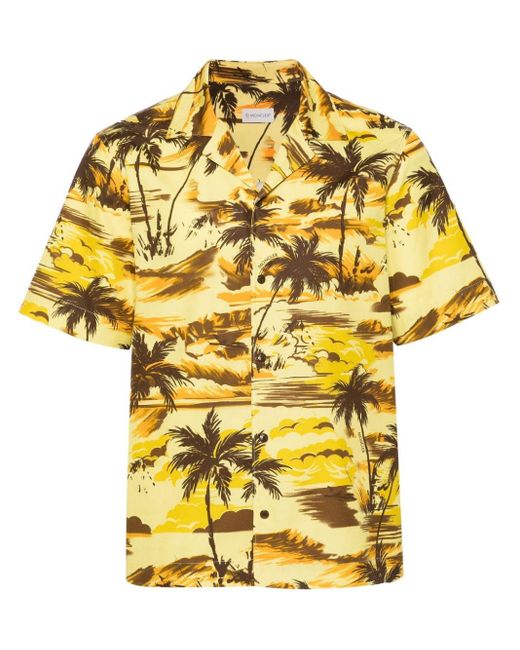 Moncler Yellow Camp-collar Palm Tree-print Shirt for men