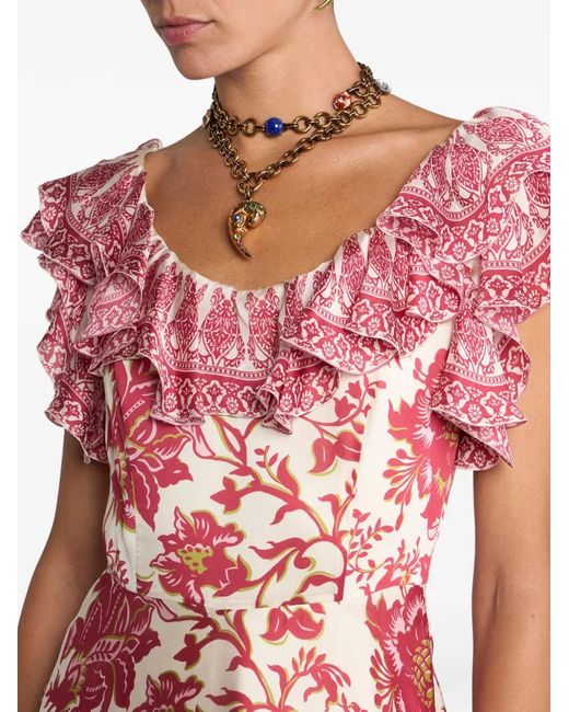 Etro Red Peau D'Ange Silk Long Dress With Floral Motif