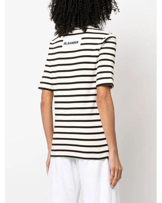Jil Sander Black Fine Ribbed Striped T-Shirt With Logo Patch