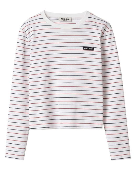Miu Miu White Logo-appliqué Striped T-shirt