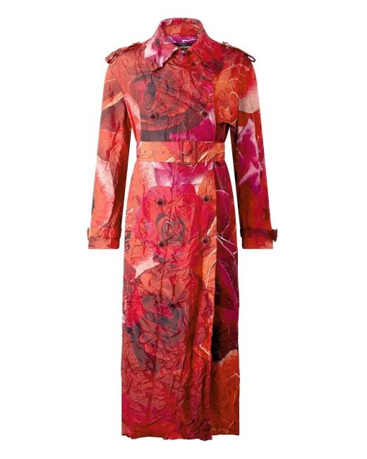Roberto Cavalli Red Rose-Print Trench Coat