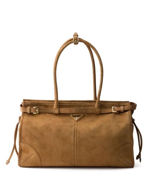 Prada Brown Large Suede Buckled Bonnie Tote Bag