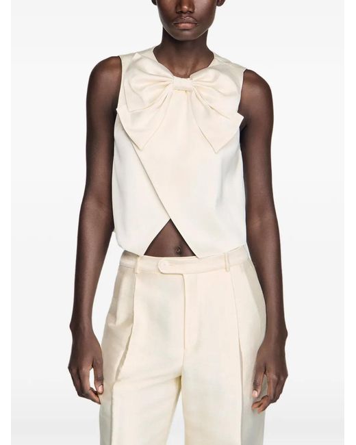Sandro White Satin Bow Crop Top