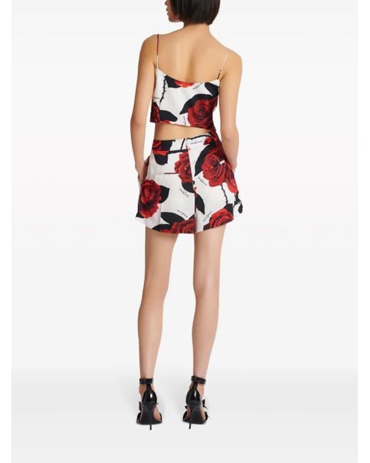Balmain Red Rose-Print Satin Shorts