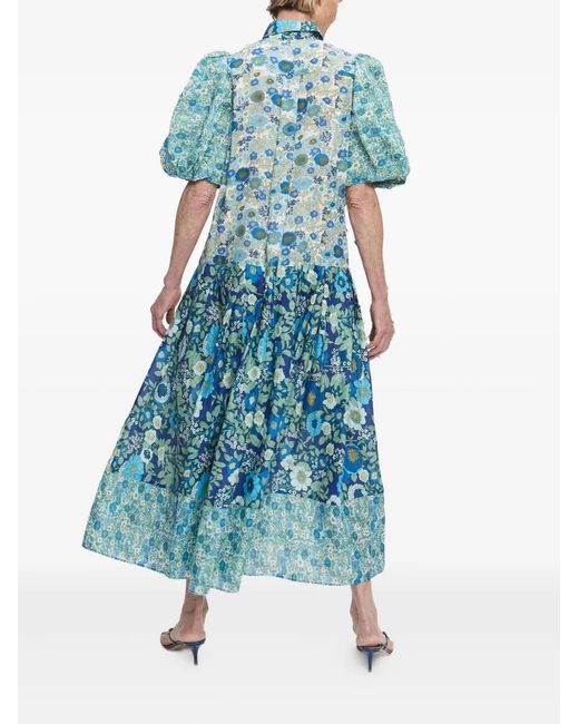 ALÉMAIS Blue Puff-Sleeve Floral Maxi Dress