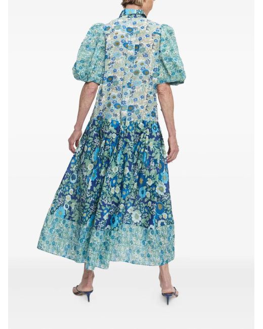 ALÉMAIS Maxi-Jurk Met Pofmouwen En Bloemen in het Blue
