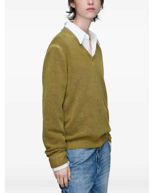 Maison Margiela Green Virgin Wool V-Neck Sweater
