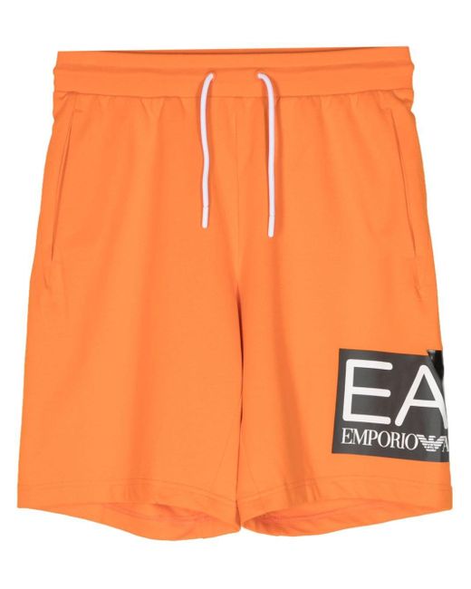 EA7 Orange Logo-print Cotton Track Shorts for men