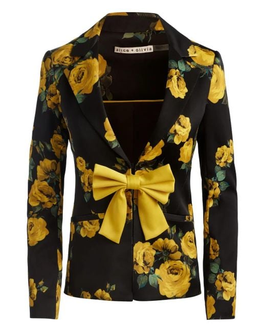 Alice + Olivia Black Mya Rose-Print Bow Blazer