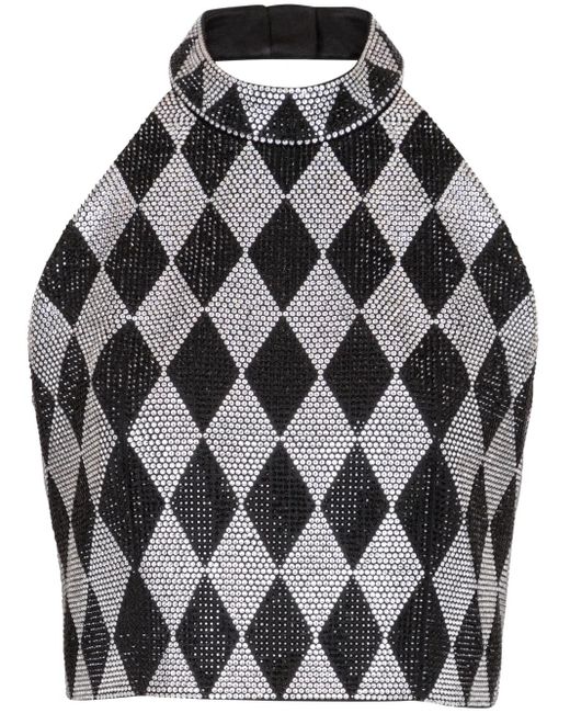 Balmain Gray Diamond-Print Rhinestone Crop Top