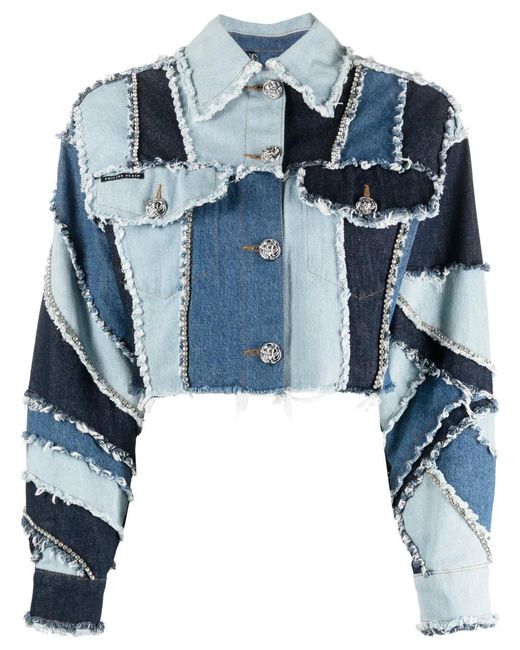 Philipp Plein Blue Denim-Patchwork Cropped Jacket