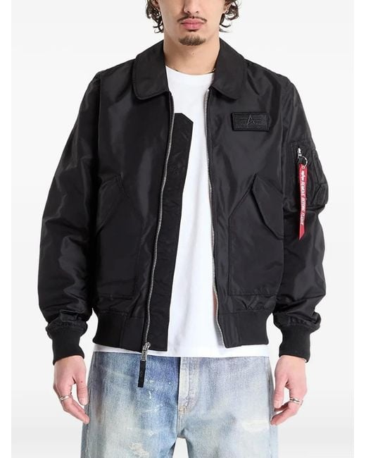 Alpha Industries Black Logo-Patch Zip-Up Bomber Jacket for men