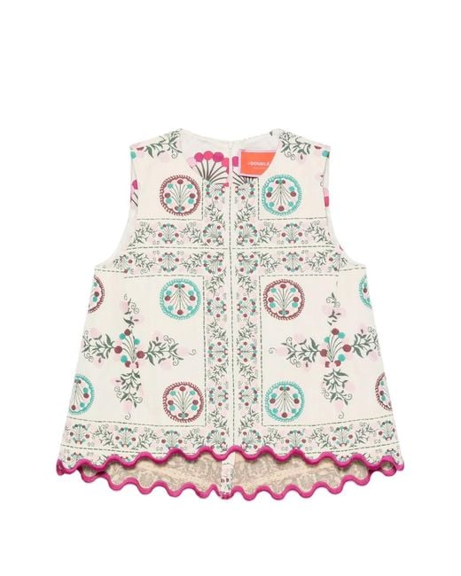 LaDoubleJ White Floral-Print Scalloped-Hem Blouse
