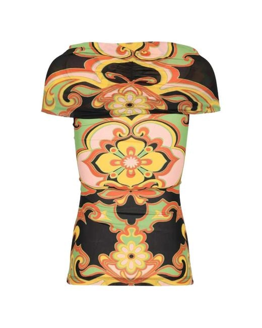 Etro Yellow Multicoloured Stretch Fabric Top With Bardot Neckline And All-Over Patterned Print