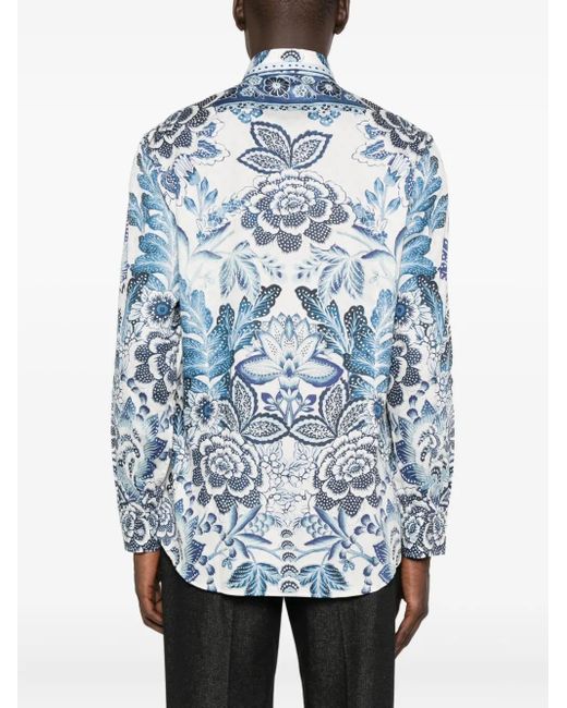 Etro Blue Floral-Print Cotton Shirt for men