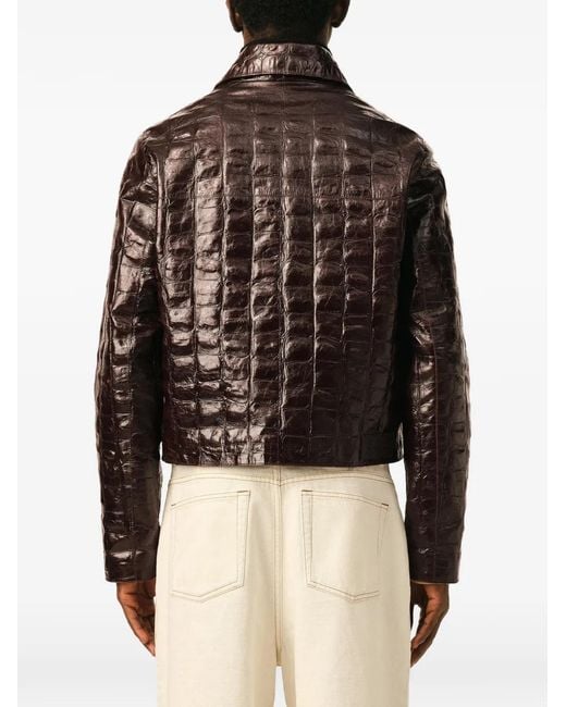 AMI Brown Crocodile Embossed Cowhide Leather Zipped Jacket