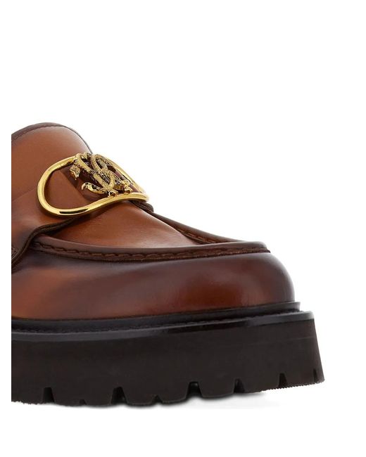 Roberto Cavalli Brown Mirror Snake-Plaque Loafers for men