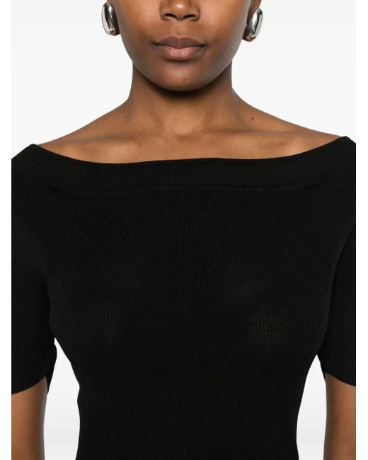 Khaite Black Boat-Neck Ribbed Knitted Top