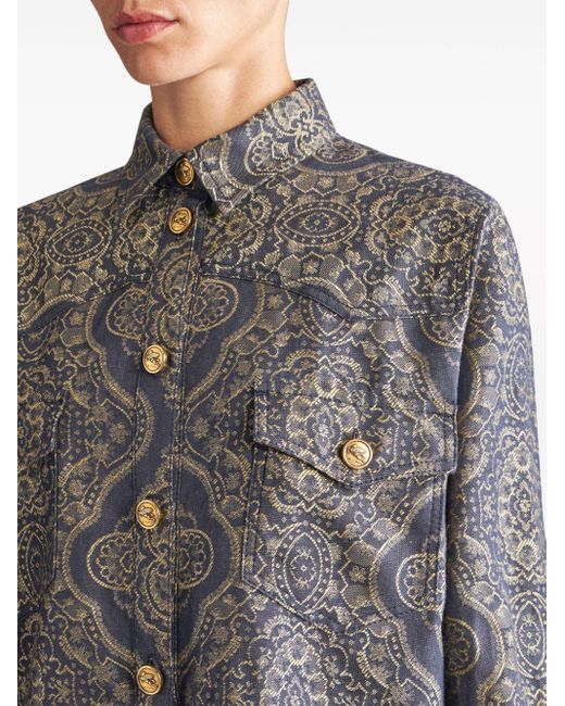 Etro Gray Patterned-jacquard Denim Shirt