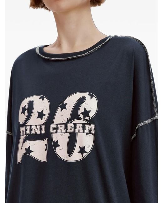 Mini Cream Blue Logo-Print Contrast-Stitch T-Shirt