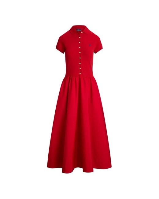 Polo Ralph Lauren Red Button-Details Polo-Collar Cotton Midi Dress