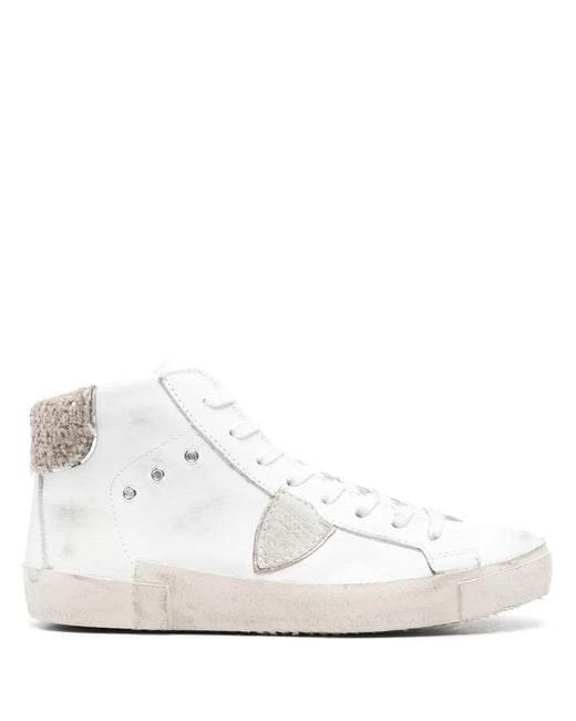 Philippe Model White Distressed High-Top Leather Sneakers