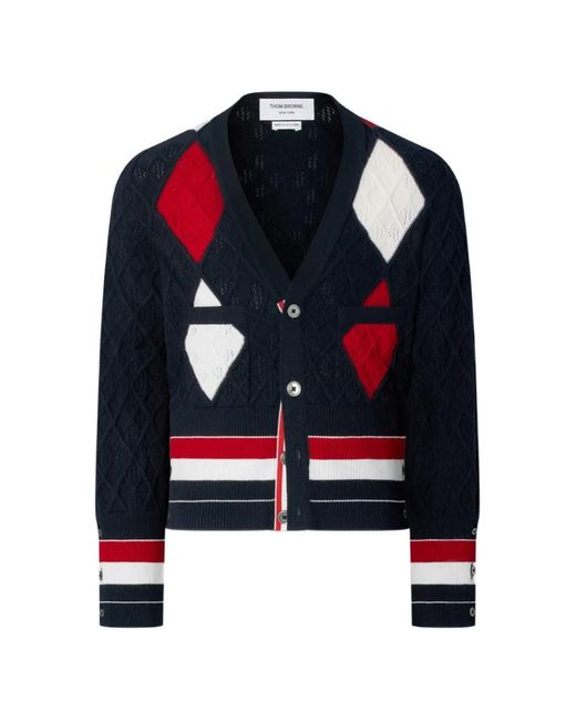Thom Browne Blue Argyle Intarsia Cashmere Cardigan for men