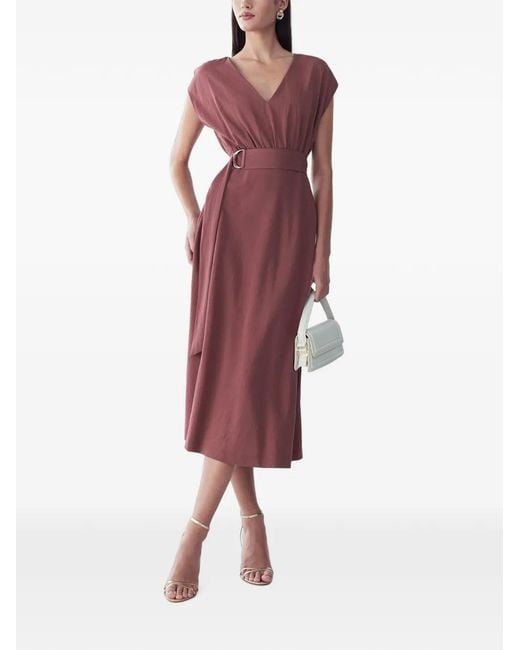 ST MRLO Red Belted V-Neck Midi Dress
