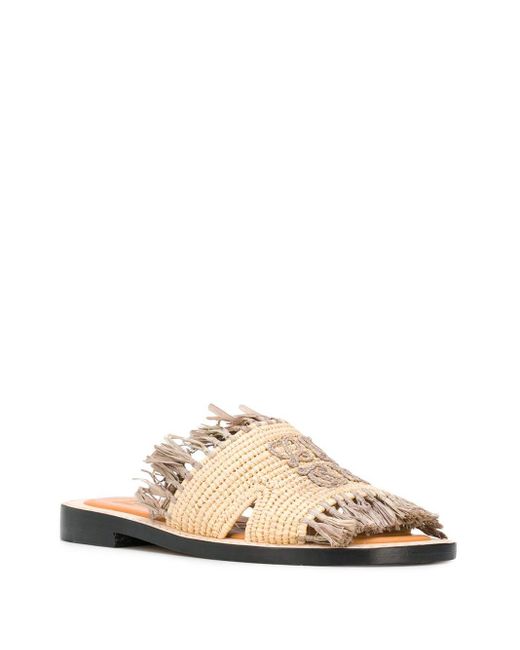 Loewe Fringed Logo-embroidered Raffia Slides in Natural  display picture 3