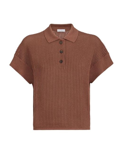 Brunello Cucinelli Metallic Opengebreid Poloshirt in het Brown