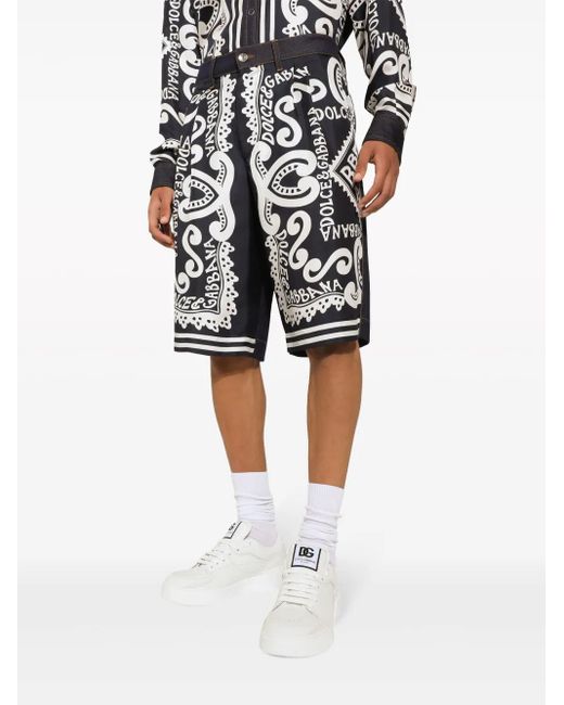Dolce & Gabbana Black Abstract Print Denim Shorts With Pleat Detailing for men