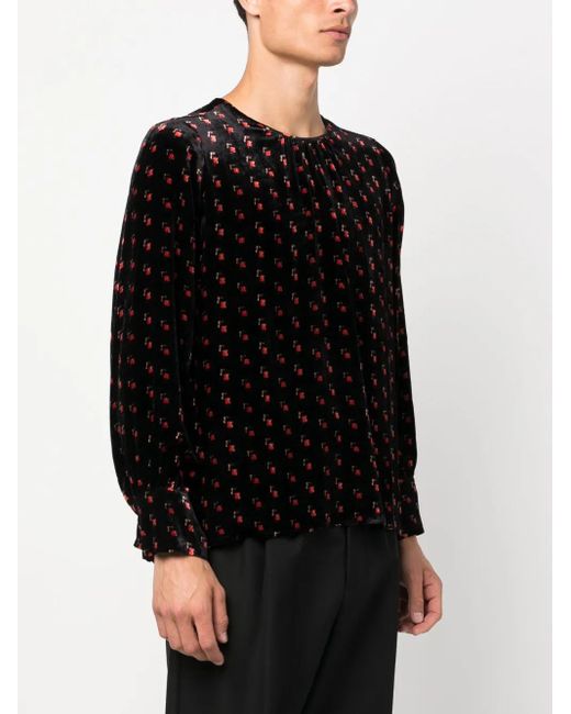 Pierre Louis Mascia Black Velour Graphic-Print Blouse