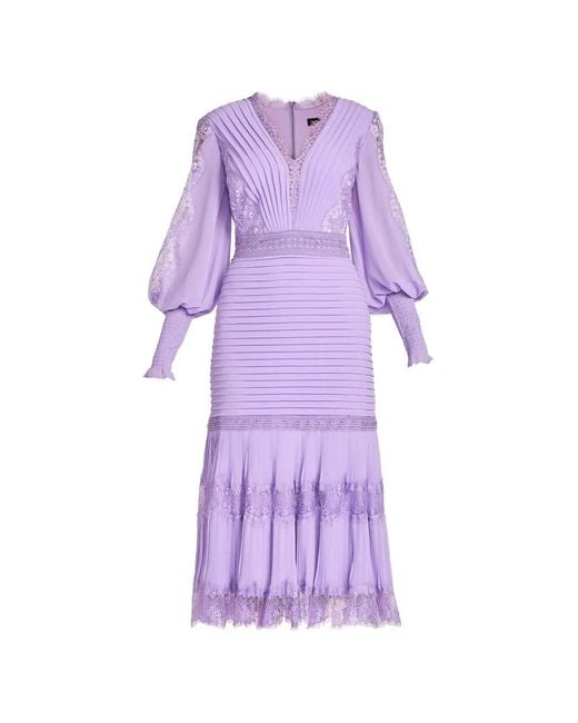 Tadashi Shoji Purple Nyssa Lace-Trimmed Pleated Midi Dress