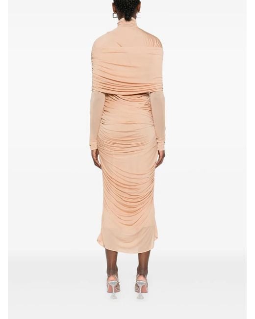 Mugler Natural Ruched Sheer Midi Dress