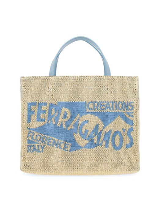 Ferragamo Blue Small Venna Logo-embroidered Tote Bag