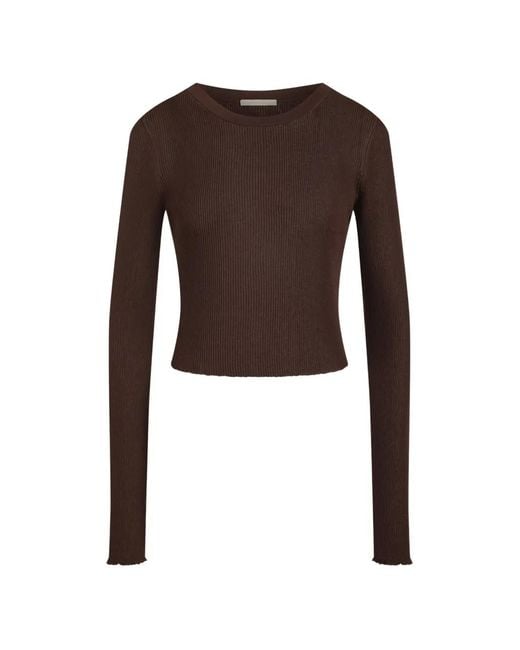 12 STOREEZ Brown Lattice Ribbed-Knit Cropped Sweater