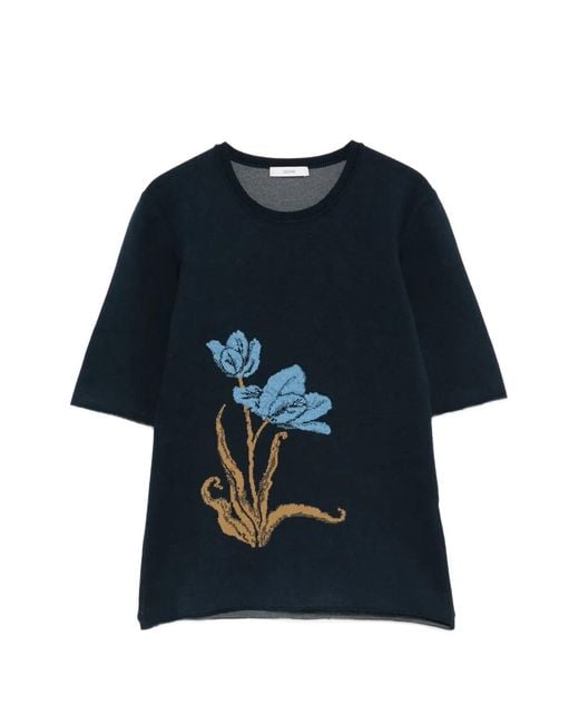 Erdem Blue T-Shirt En Maille À Fleurs