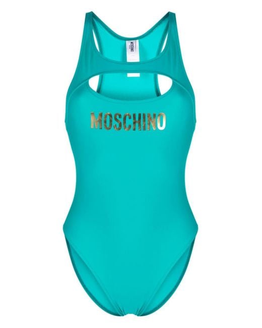 Moschino Blue Logo Print Cut-out Detail Swimsuit