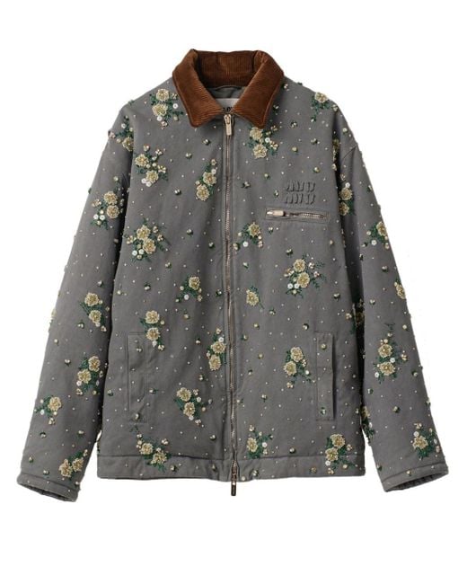 Miu Miu Gray Floral-appliqué Cotton Shirt Jacket