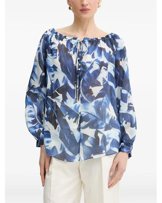 Guess Blue Leaf-Print Ruffled Blouse