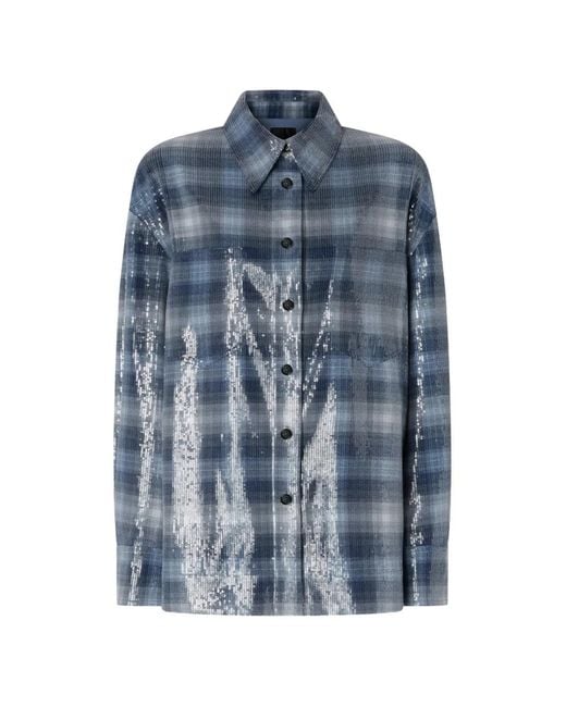 Pinko Blue Overshirt With Check Pattern And Sequins