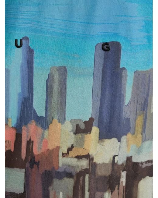 HUGO Blue Cityscape-Print Long-Sleeve T-Shirt for men