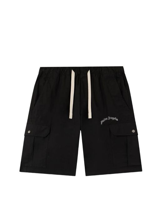 Palm Angels Black Curved Printed-Logo Cargo Shorts for men
